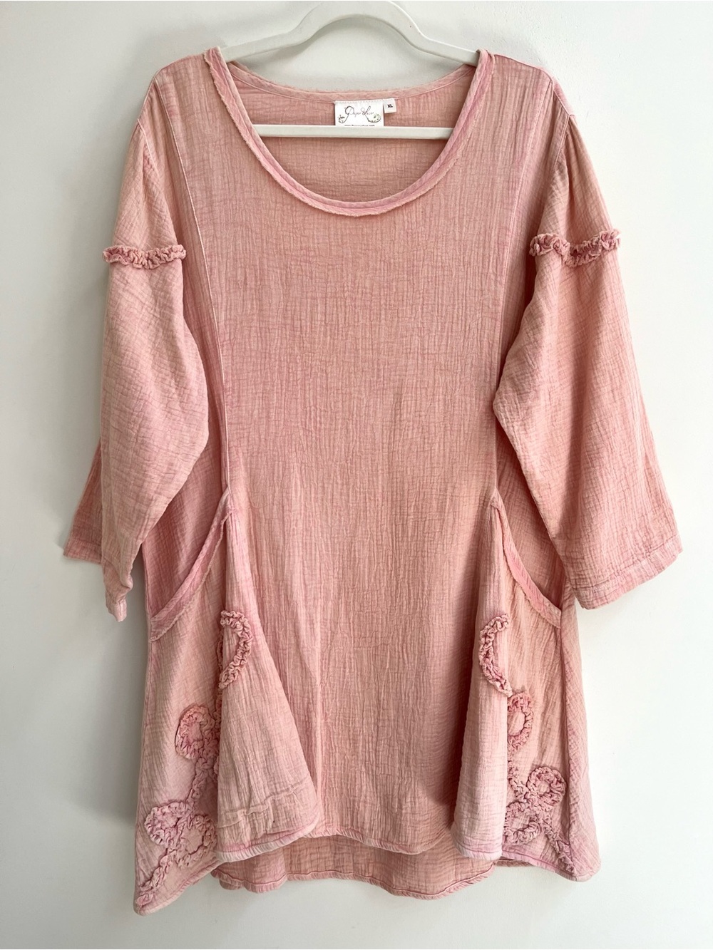 Paper Lace Bohemian Embroidered Tunic Top Gauze Cotton Pockets Light Pink XL